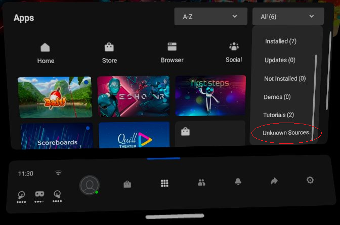 Oculus Quest applications dropdown sources